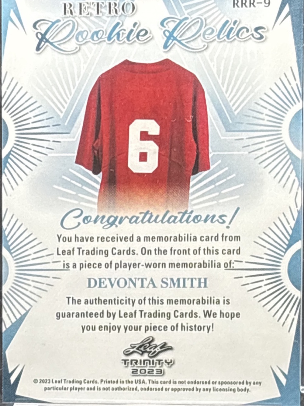 Leaf Trinity 2023 Devonta Smith Rookie Relic Card - Picture 2 of 2